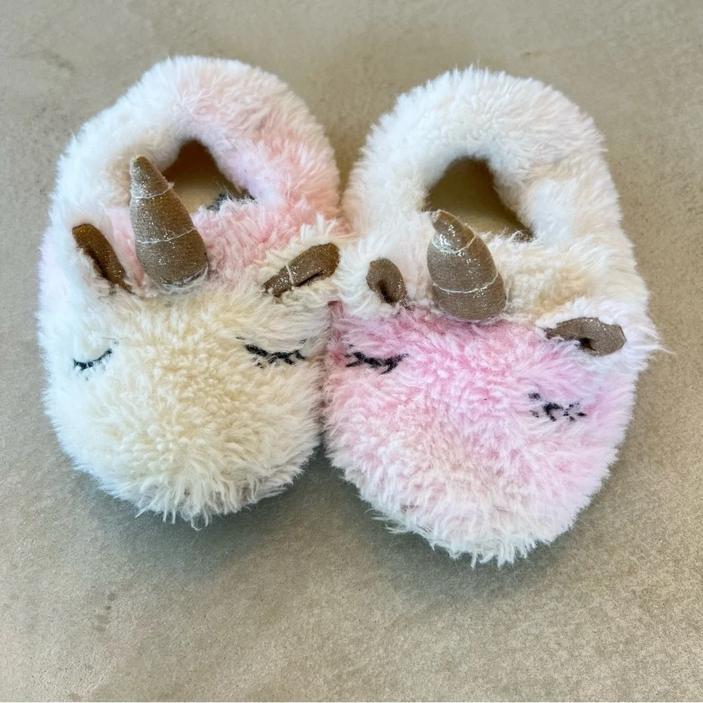 Unicorn Plush Slippers‎ with No- slip Rubber Sole in Pink and Cream, 7-8